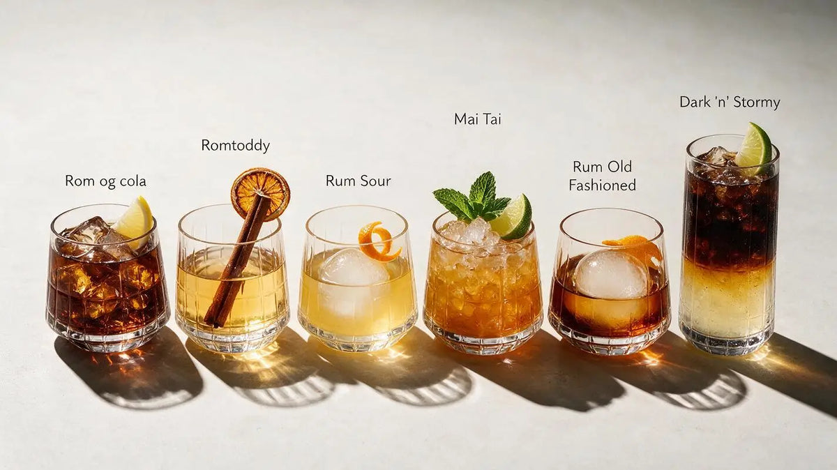 6 drinks med mørk rom, med præcise mål