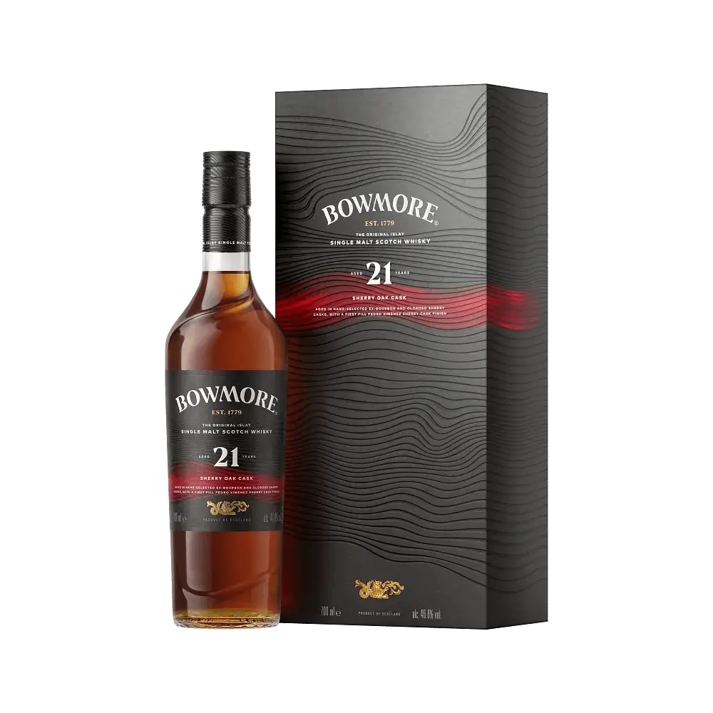 Oplev Bowmore 21 Years lagret på sherryfade Flaske og Boks