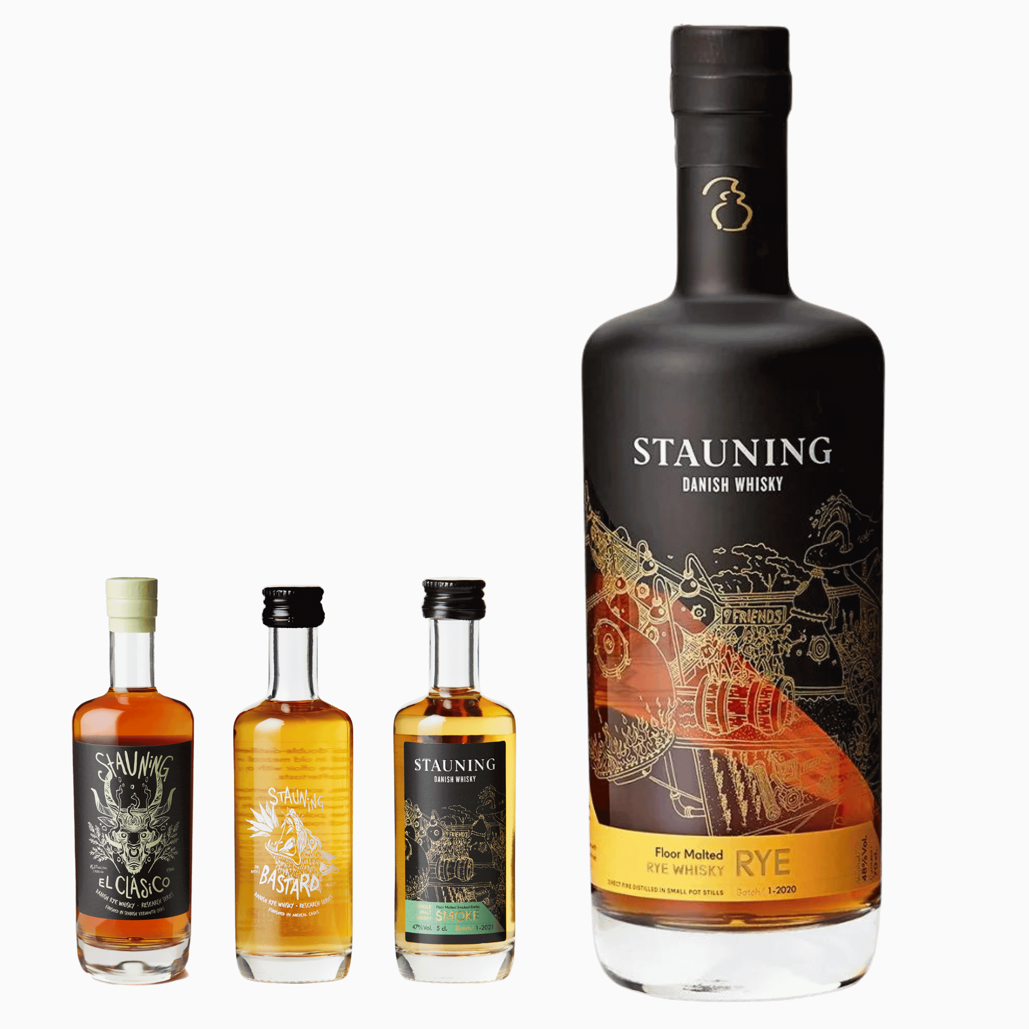Stauning Whisky Pakke – 70 cl Rye & Smagesæt med 3x5 cl