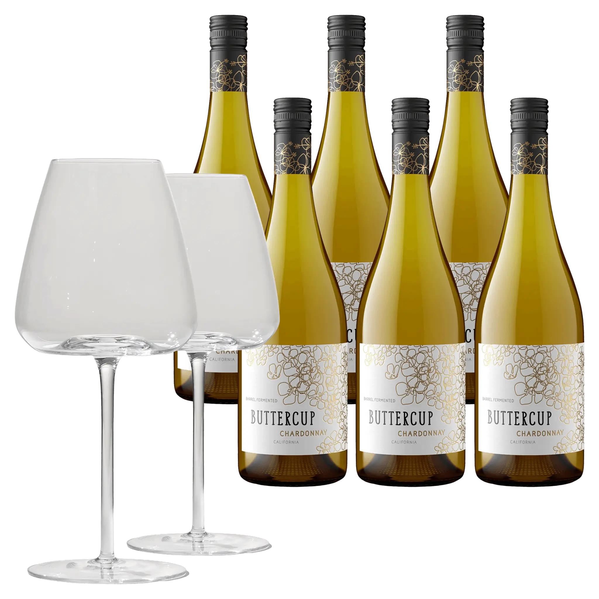 6 fl. Buttercup 2024 + 2x Brilliant Blanco Glas