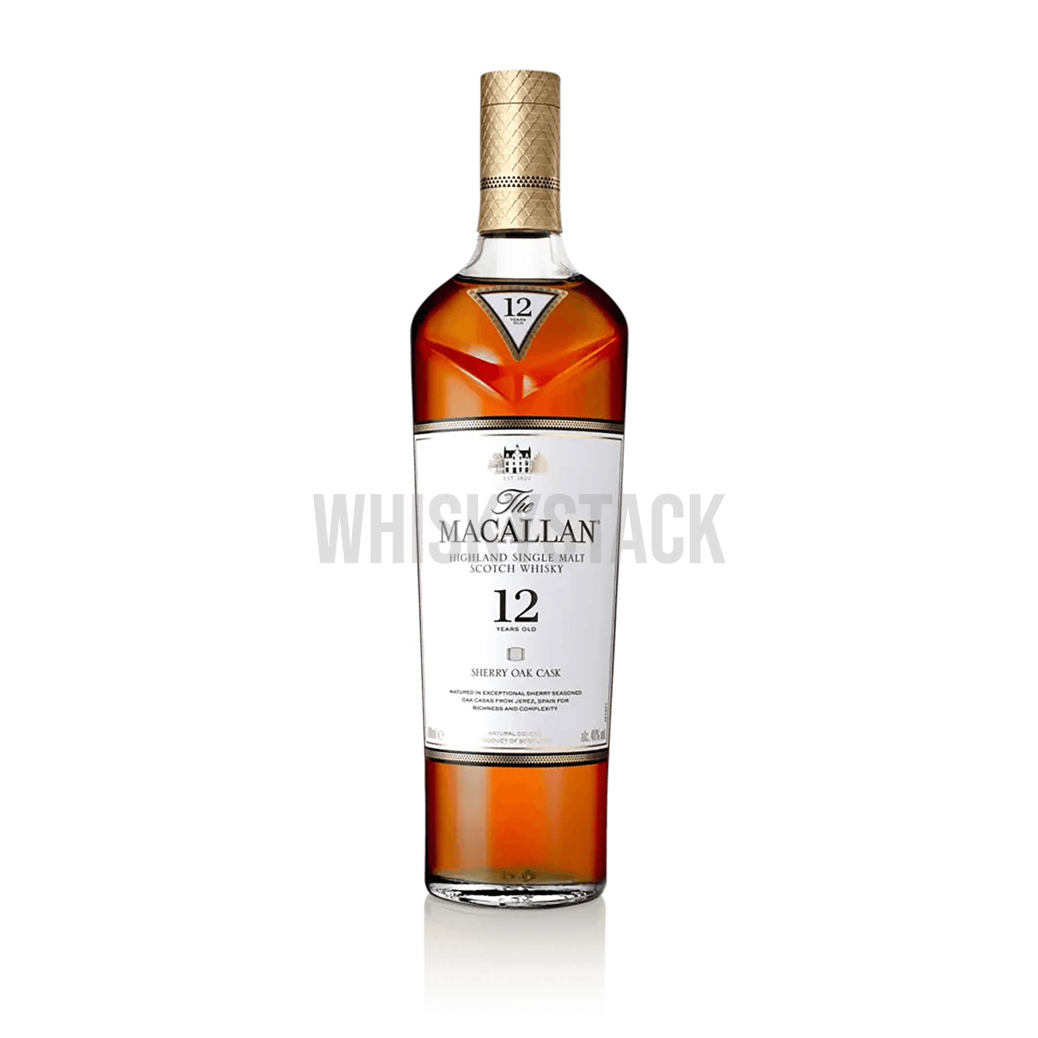 Macallan 12 Years Old Sherry Oak whisky bottle – Close-up of Macallan 12 Years Old Sherry Oak, showing the elegant bottle and