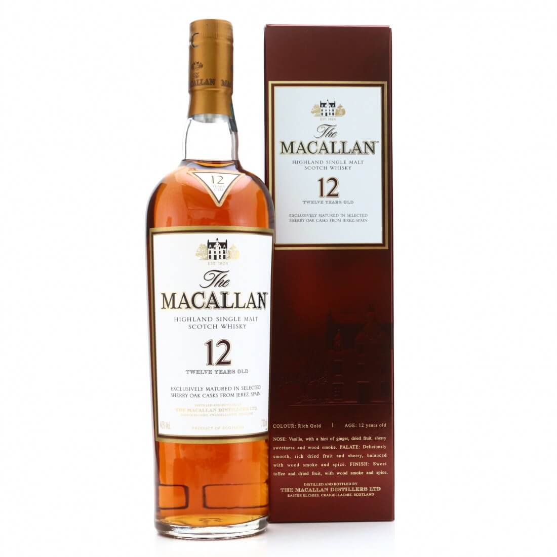 Macallan 12 Sherry Oak Whisky (Old Packaging) Flaske og Box