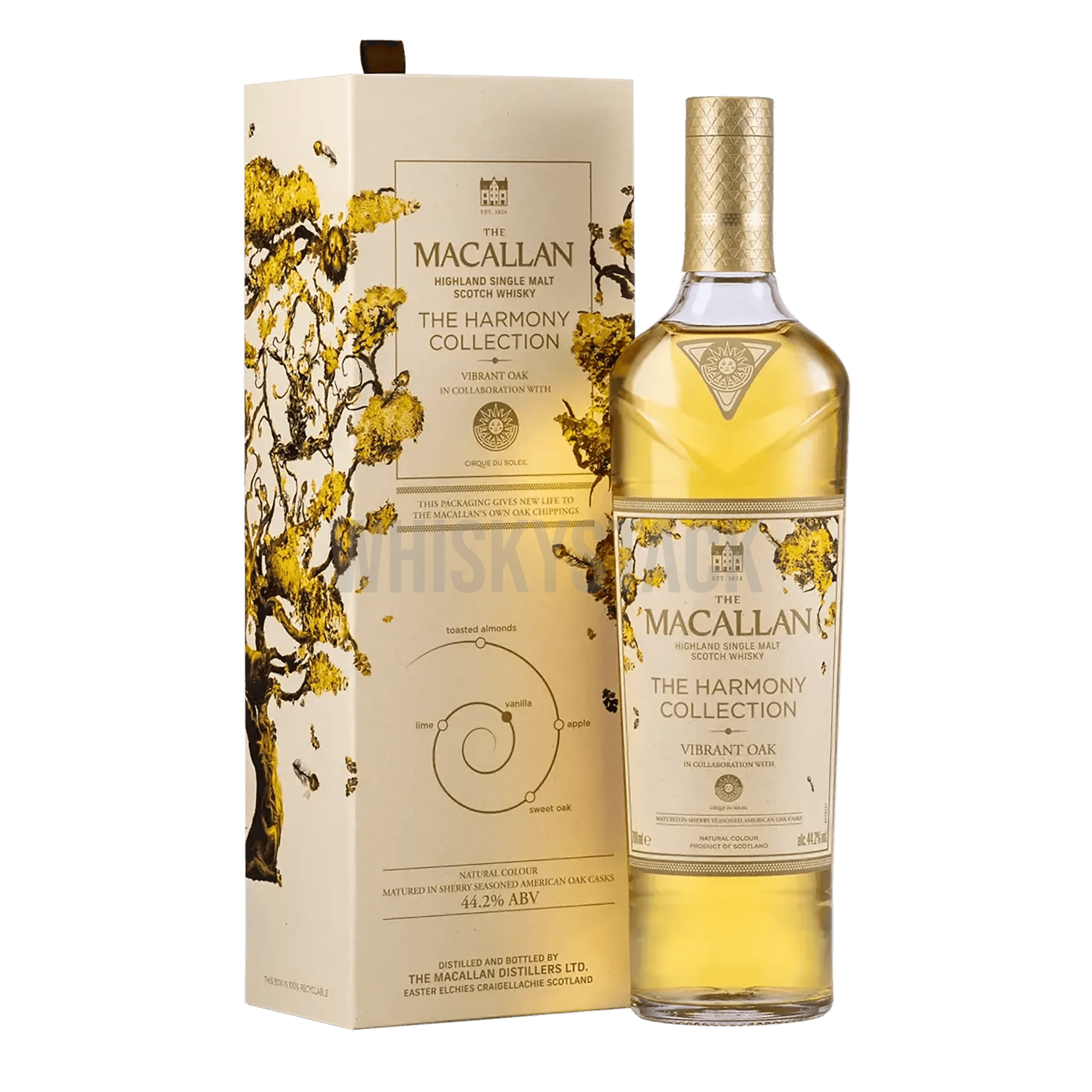 The Macallan Harmony Collection - Vibrant Oak whiskyflaske, en eksklusiv single malt med noter af frugt, vanilje og krydderier, lagret i egetræsfade.