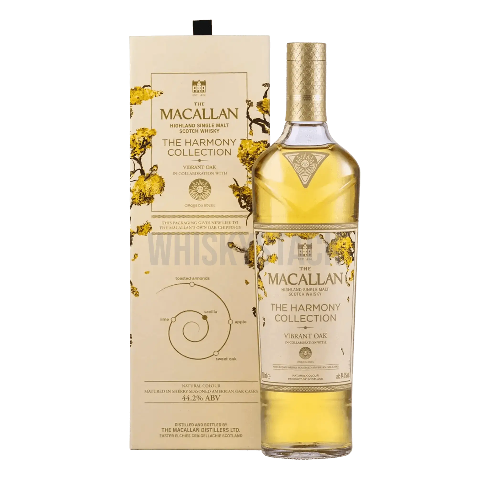 The Macallan Harmony Collection - Vibrant Oak whiskyflaske, en eksklusiv single malt med noter af frugt, vanilje og krydderier, lagret i egetræsfade.