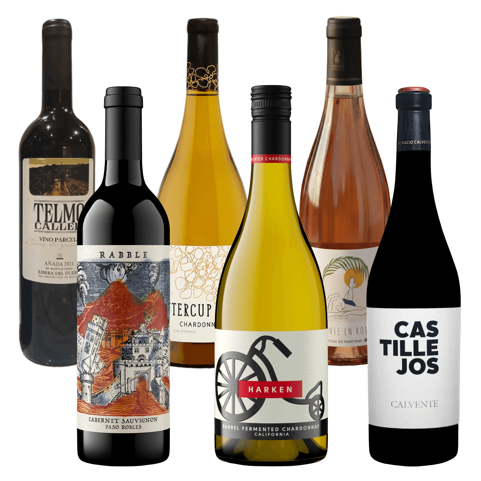 Smagspakke med La Vie en Rosé, Rabble Cabernet, Buttercup Chardonnay, Telmo Calleja, Harken & Castillejos på Whiskystack