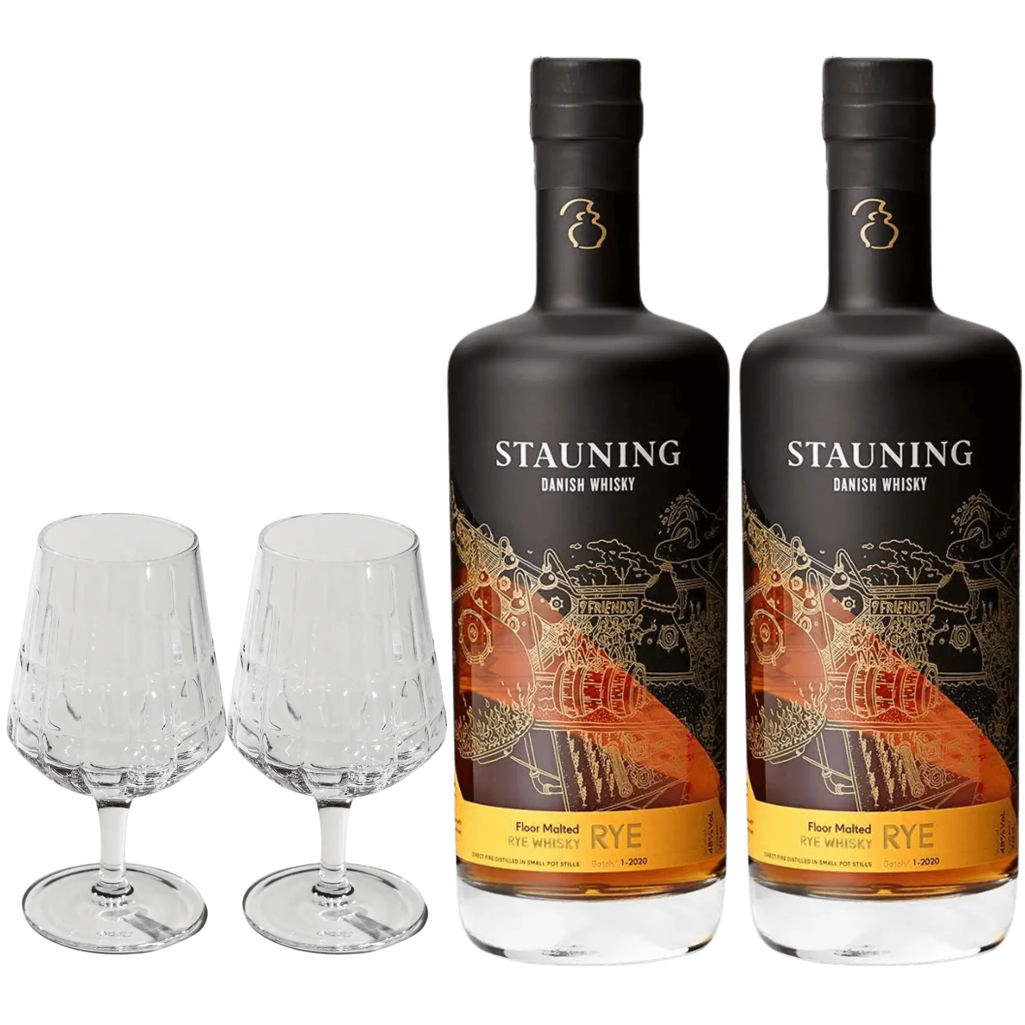 2 flasker Stauning Rye + 2 The Bullet Whiskyglas fra The Mancave