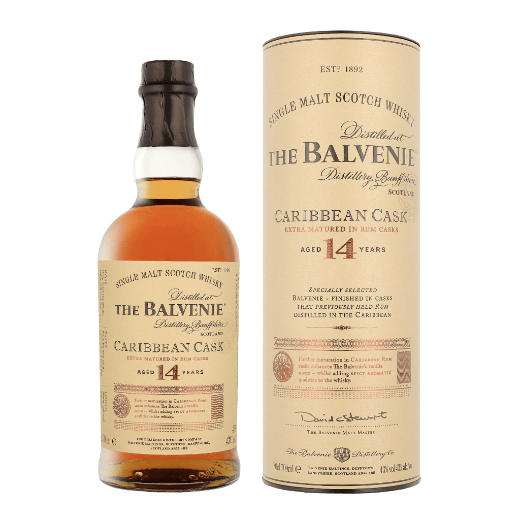 Balvenie 14 Caribbean Cask Single Malt Whisky 43% - Flaske og Boks