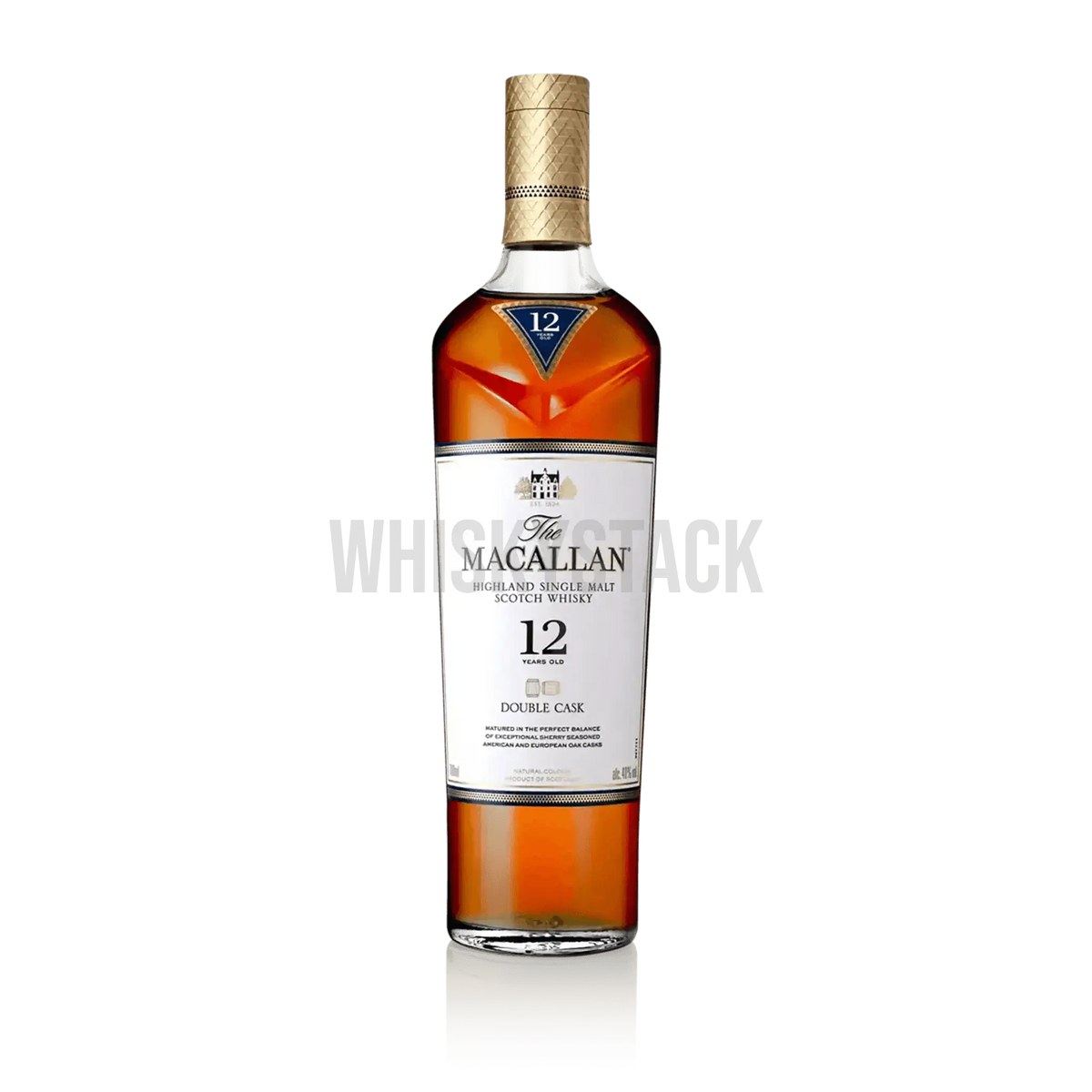 Macallan 12 Years Old Double Cask Whiskyflaske, en premium single malt lagret på både europæiske og amerikanske egetræsfade, der giver noter af honning, citrus og tørret frugt.