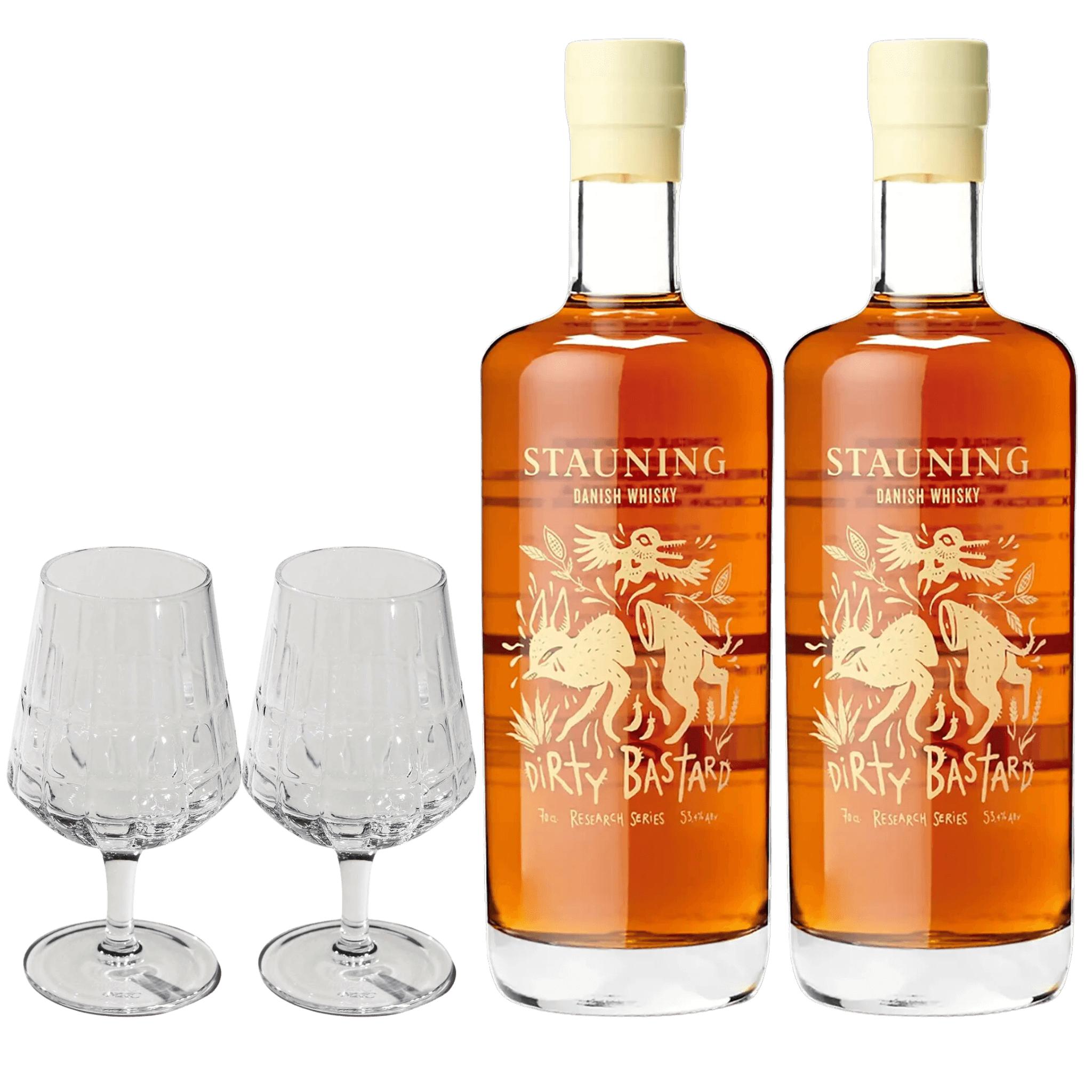 Eksklusiv Stauning Dirty Bastard whisky med stilfulde whiskyglas ...