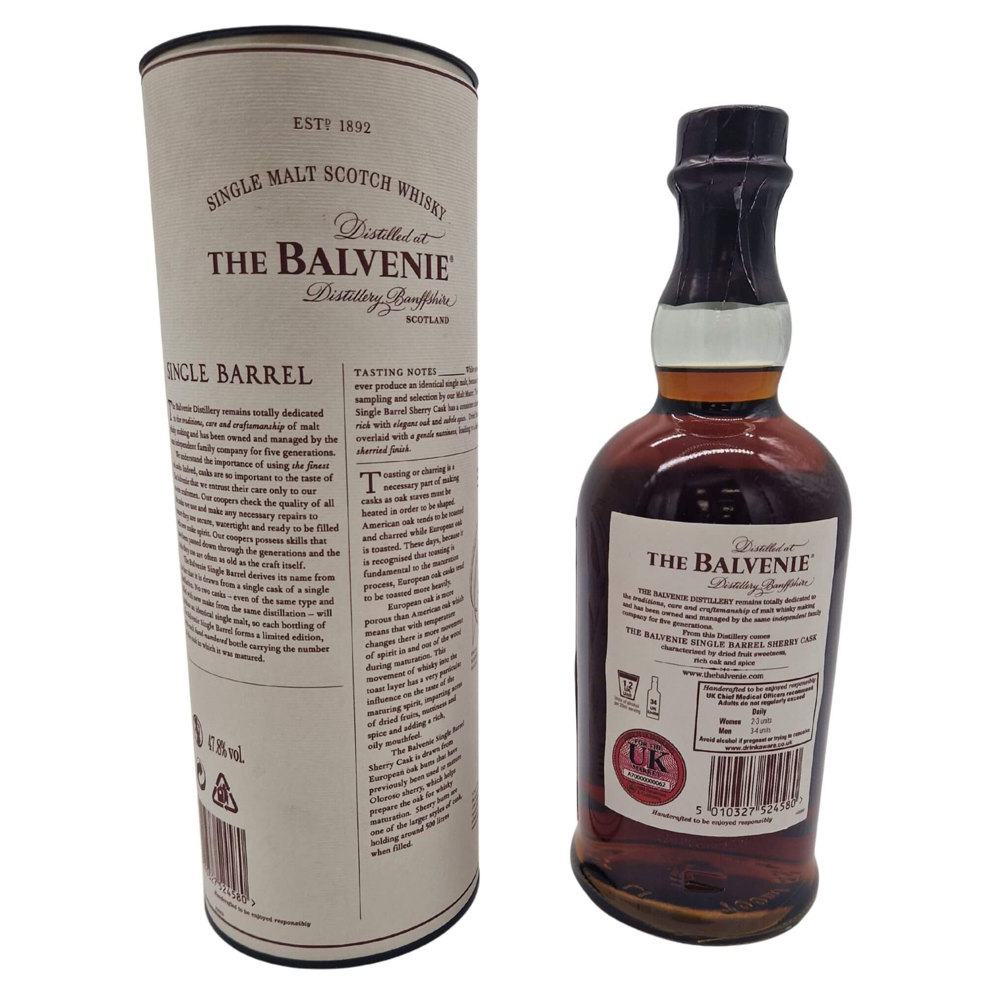 Balvenie 15 Years Sherry Cask Single Malt Whisky - Flaske og Rør Bagside