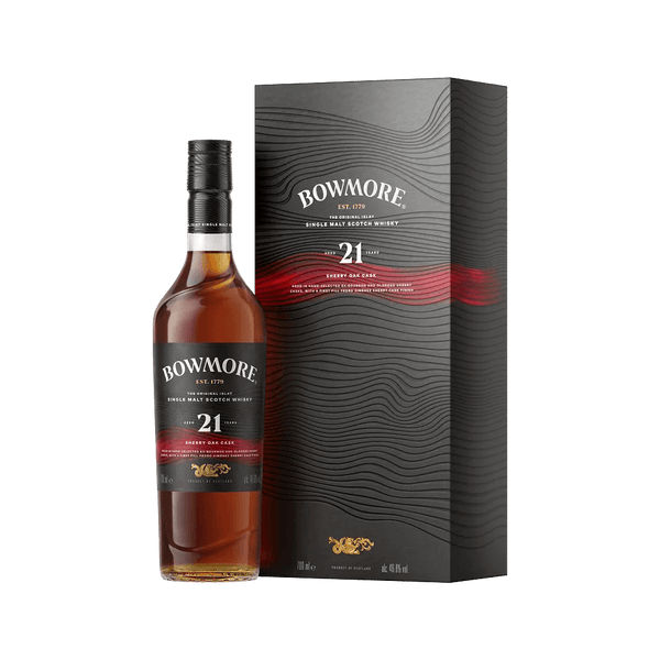 Oplev Bowmore 21 Years lagret på sherryfade Flaske og Boks