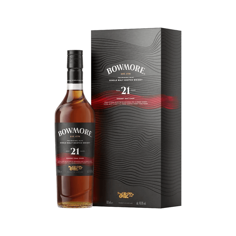Oplev Bowmore 21 Years lagret på sherryfade Flaske og Boks