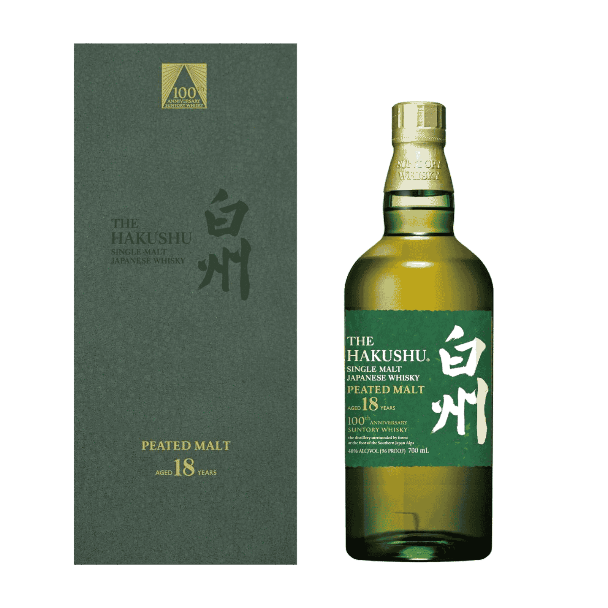Oplev Hakushu 18 Years Old 100th Anniversary Edition – en eksklusiv japansk peated malt whisky med friske citrusnoter, delikat røg og lang finish. En sjælden samlerflaske for whiskyelskere.