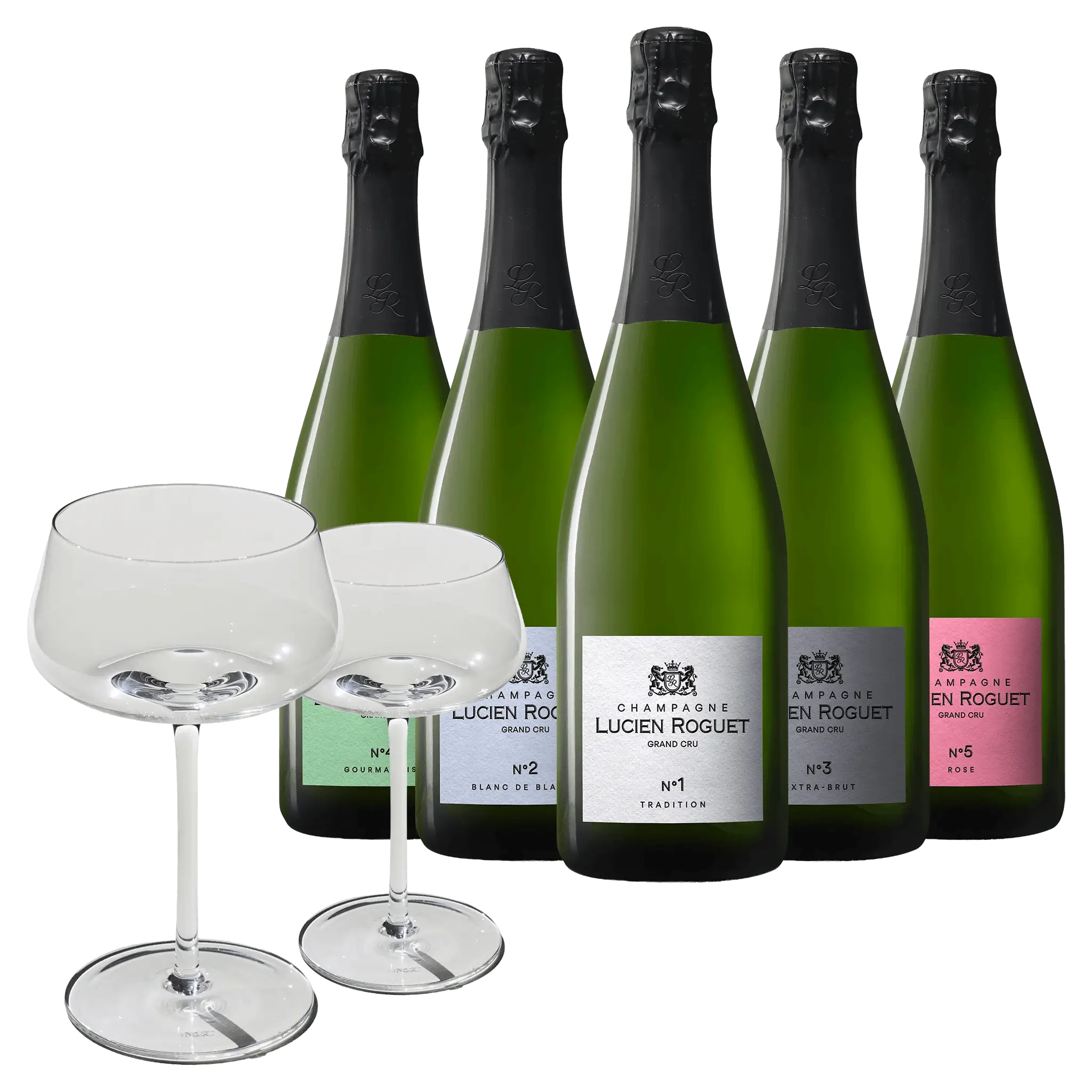 5 btls. Lucien Roguet Champagne + 2 pcs. Beyond Bubbly Coupe Glasses