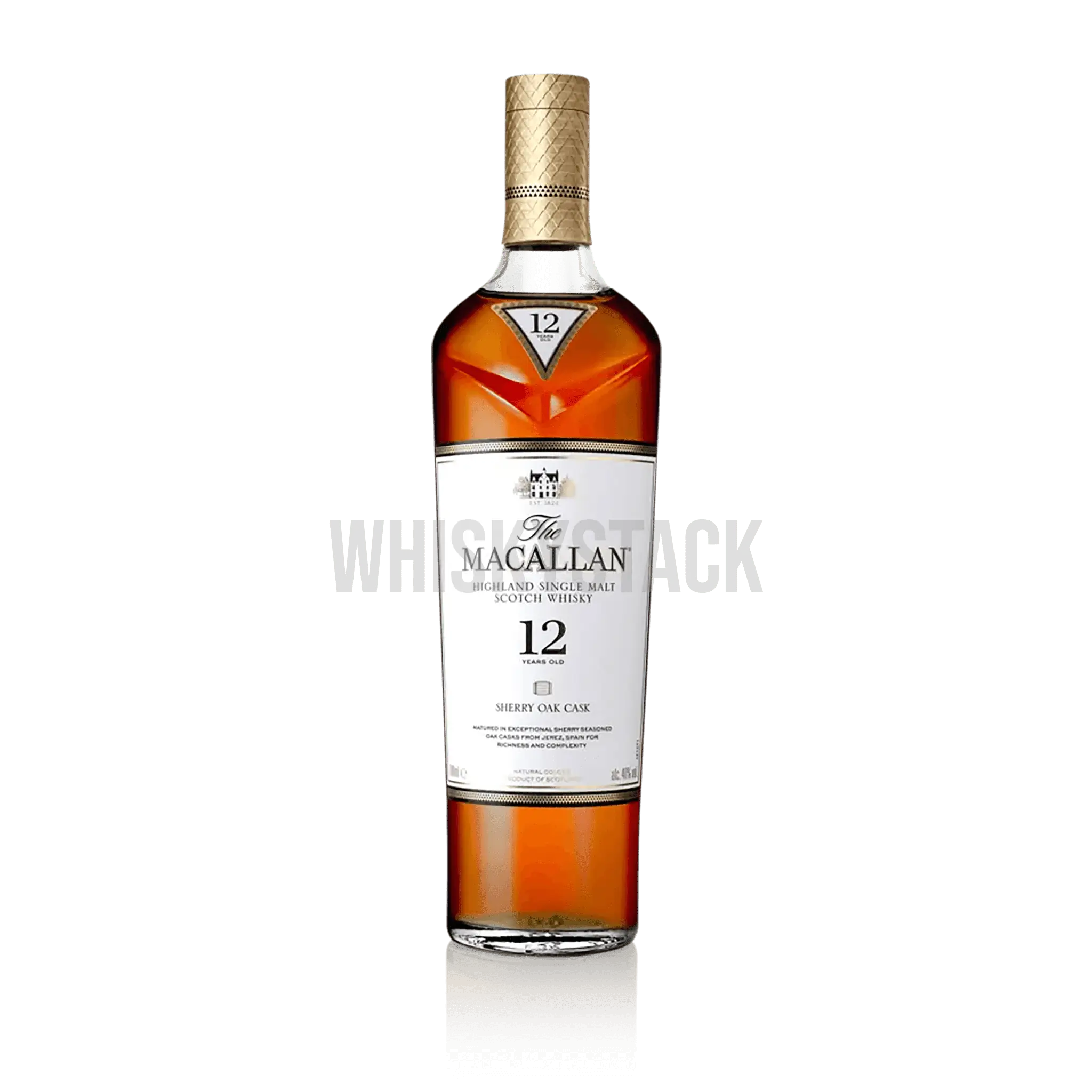 Macallan 12 Years Old Sherry Oak Whiskyflaske – Nærbillede af Macallan 12 Years Old Sherry Oak, der viser den elegante flaske og den rige ravfarve fra sherryfadslagringen.
