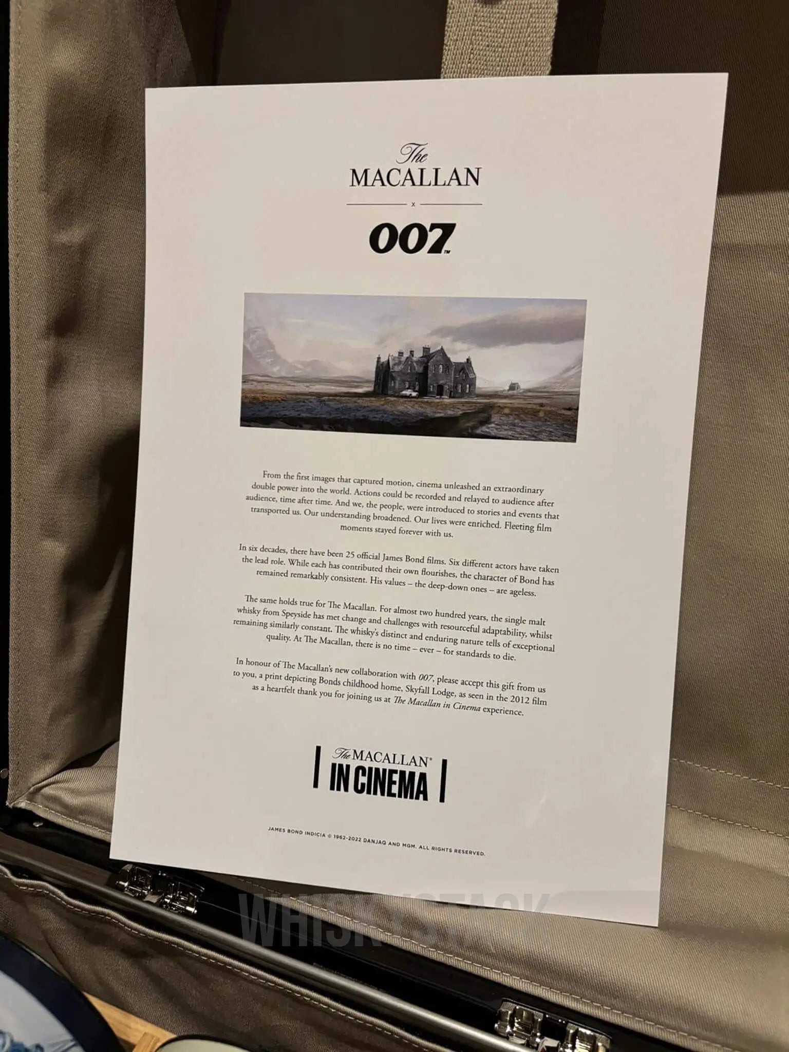 Skyfall House print på Macallan James Bond-kuffert – Detalje af det ikoniske Skyfall House print på den unikke Globe-Trotter-kuffert til Macallans James Bond-samling.