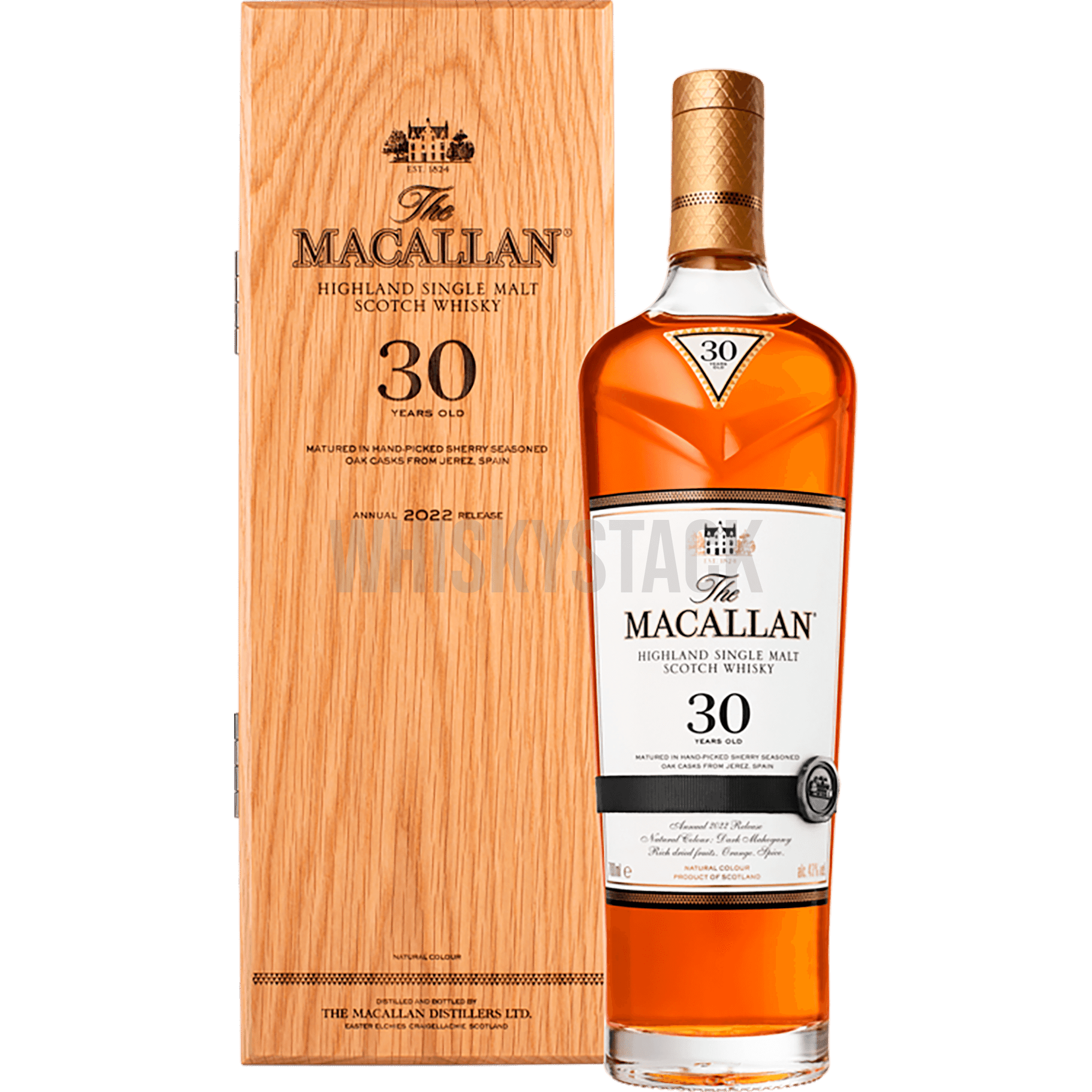  The Macallan Sherry Oak 30 Years Old præsenteret med sin karakteristiske dybe mahognifarve og elegant etiket, symboliserende dens rige og komplekse smagsprofil modnet i sherryfade.