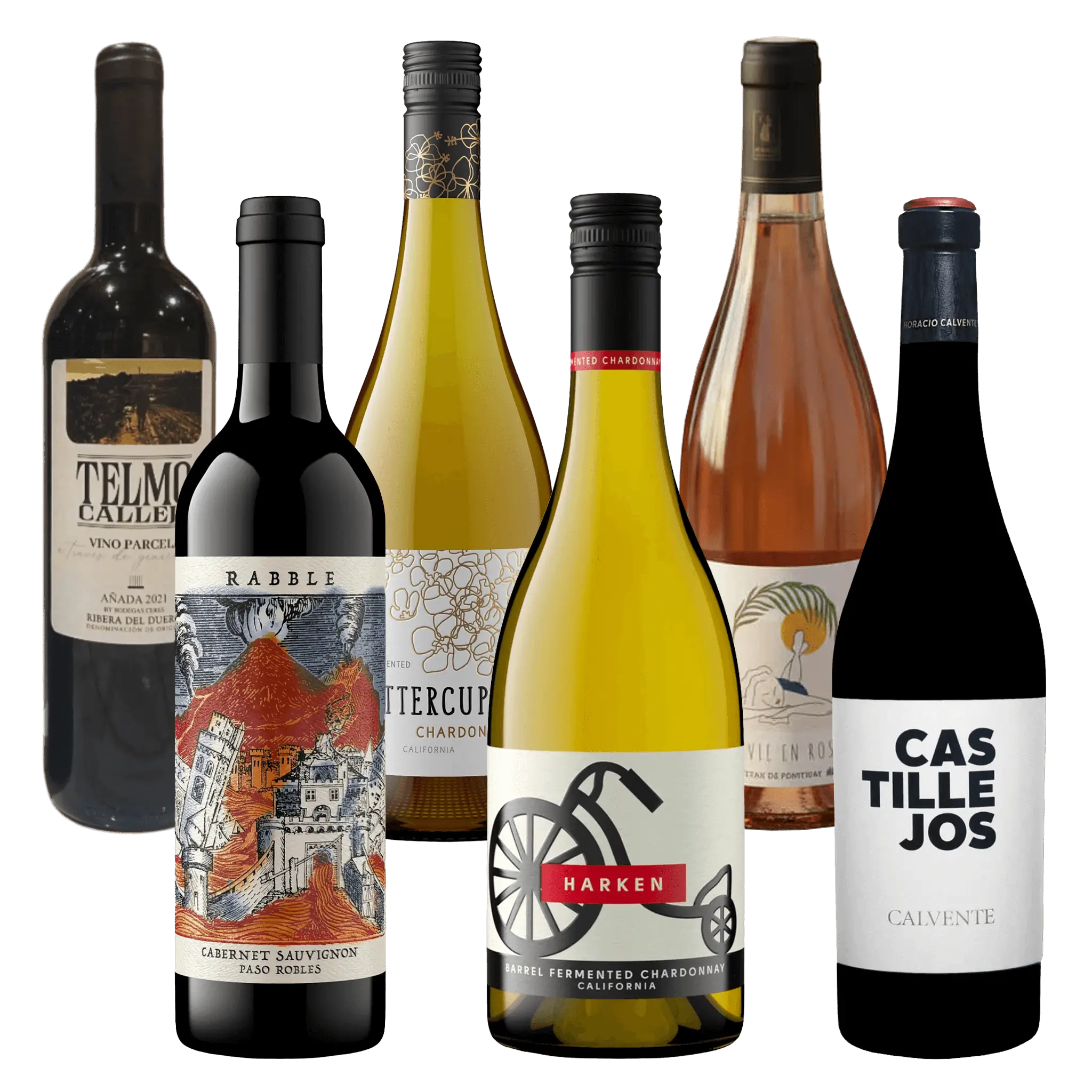 Smagspakke med La Vie en Rosé, Rabble Cabernet, Buttercup Chardonnay, Telmo Calleja, Harken & Castillejos på Whiskystack