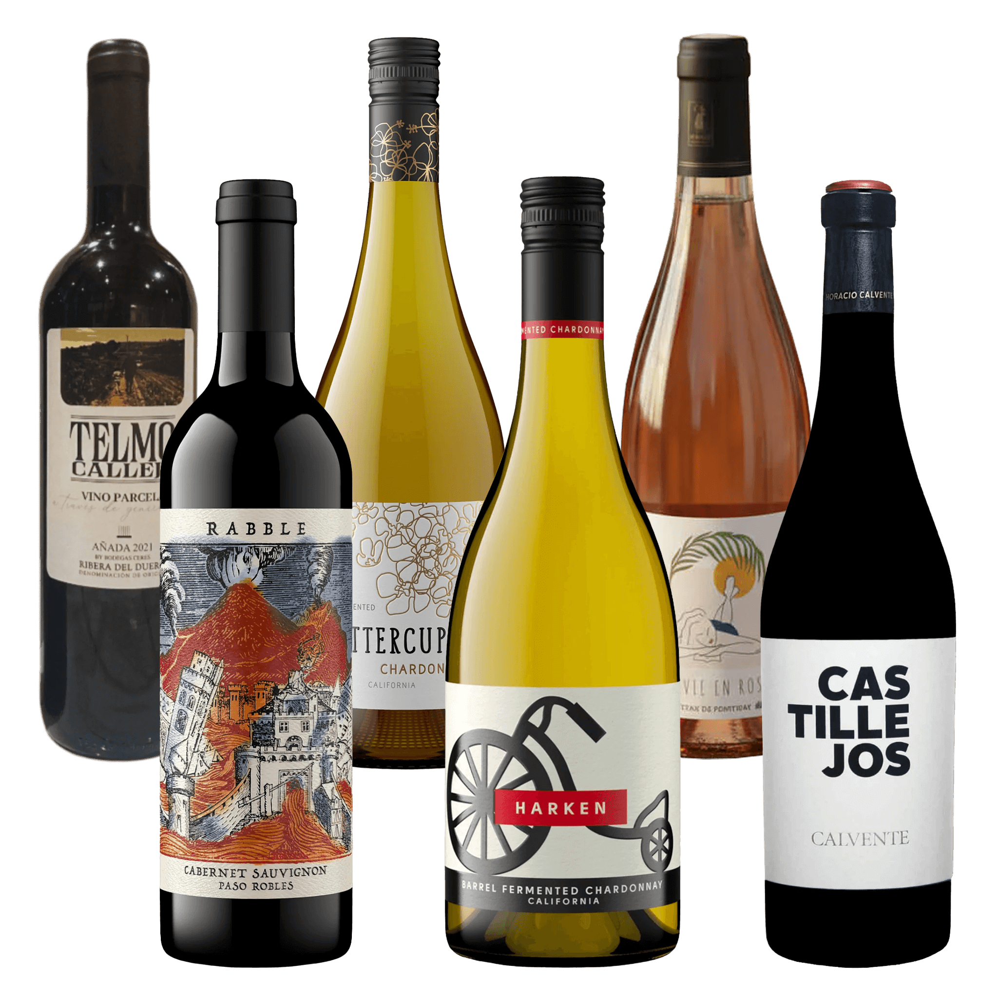 Smagspakke med La Vie en Rosé, Rabble Cabernet, Buttercup Chardonnay, Telmo Calleja, Harken & Castillejos på Whiskystack