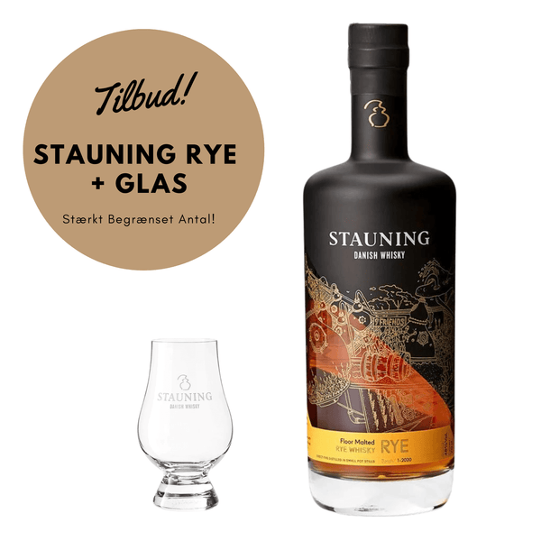 Flaske Stauning Rye med medfølgende Stauning Whiskyglas – dansk rye whisky med krydrede og sødmefulde smagsnoter, præsenteret sammen med et elegant whiskyglas.