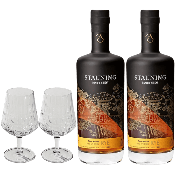2 flasker Stauning Rye + 2 The Bullet Whiskyglas fra The Mancave