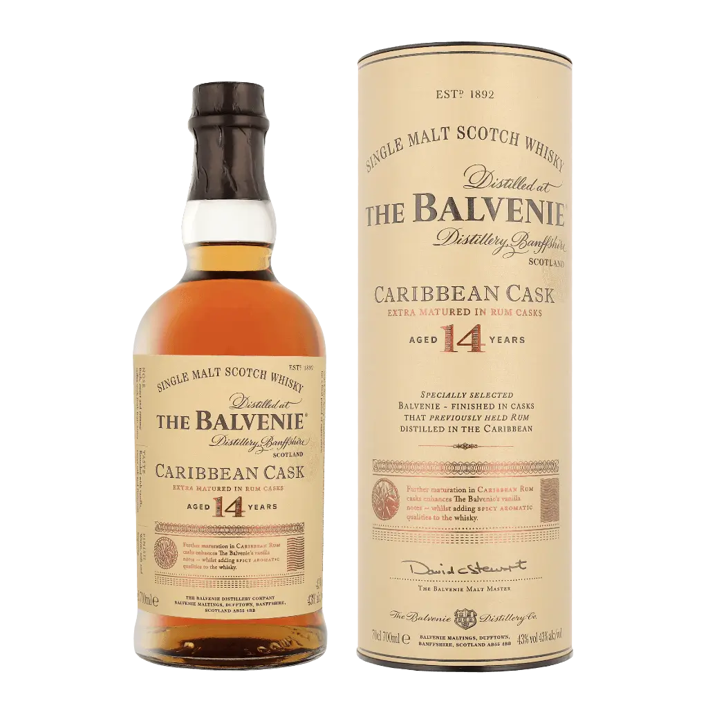 Balvenie 14 Caribbean Cask Single Malt Whisky 43% - Flaske og Boks