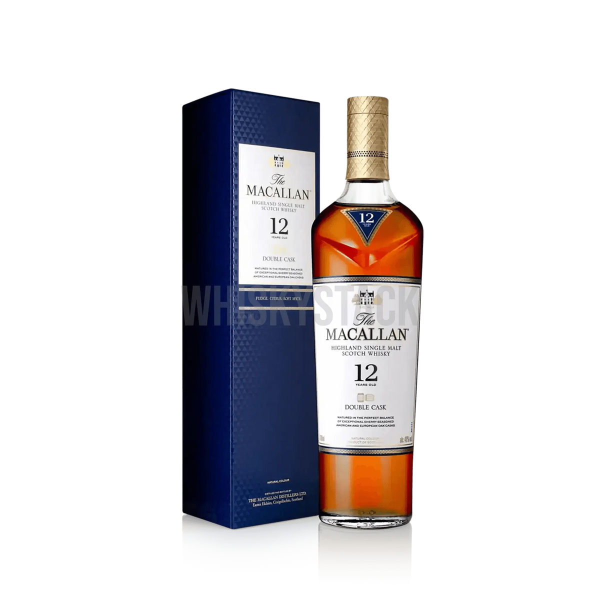 Macallan 12 Years Old Double Cask Whiskyflaske, en premium single malt lagret på både europæiske og amerikanske egetræsfade, der giver noter af honning, citrus og tørret frugt.