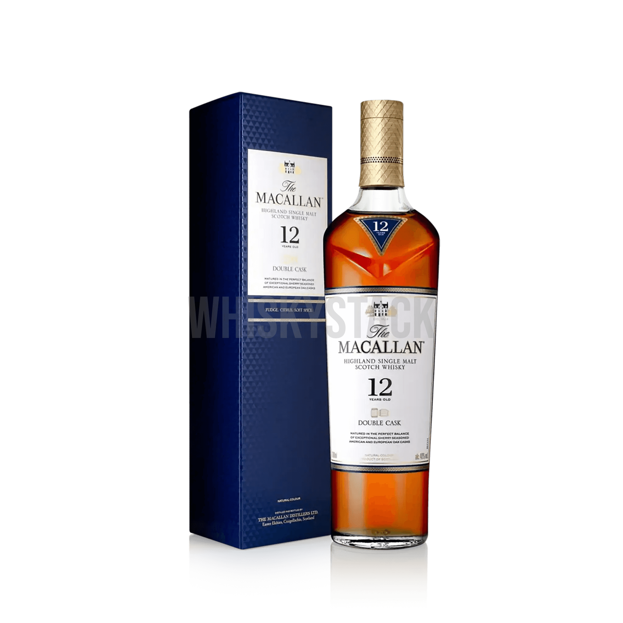 Macallan 12 Years Old Double Cask Whiskyflaske, en premium single malt lagret på både europæiske og amerikanske egetræsfade, der giver noter af honning, citrus og tørret frugt.