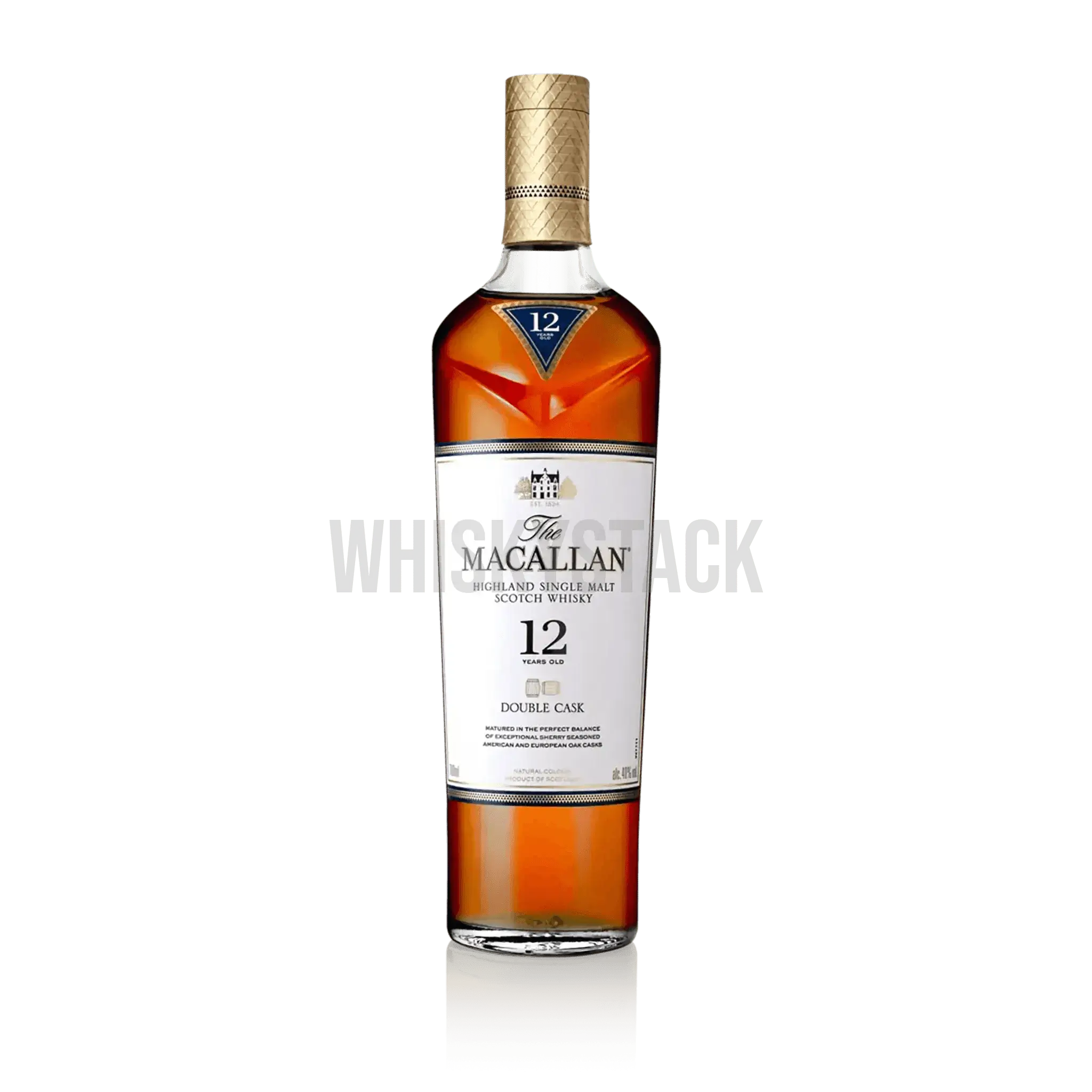 Macallan 12 Years Old Double Cask Whiskyflaske, en premium single malt lagret på både europæiske og amerikanske egetræsfade, der giver noter af honning, citrus og tørret frugt.