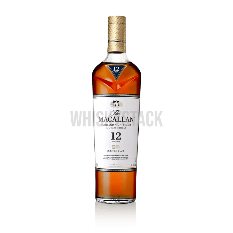 Macallan 12 Years Old Double Cask Whiskyflaske, en premium single malt lagret på både europæiske og amerikanske egetræsfade, der giver noter af honning, citrus og tørret frugt.