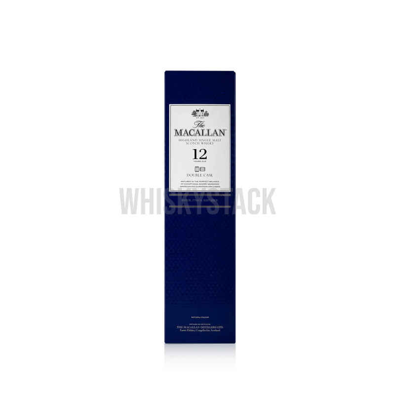 Macallan 12 Years Old Double Cask Whiskyflaske, en premium single malt lagret på både europæiske og amerikanske egetræsfade, der giver noter af honning, citrus og tørret frugt.